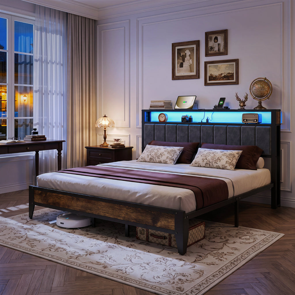 Bexfil King Size Bed Frame with LED Light, Charging Station and Storage Wood Headboard, Platform Bed Frames Weight Capacity of 1400 lbs for Bedroom (80.9‘'x80''Mattress )
