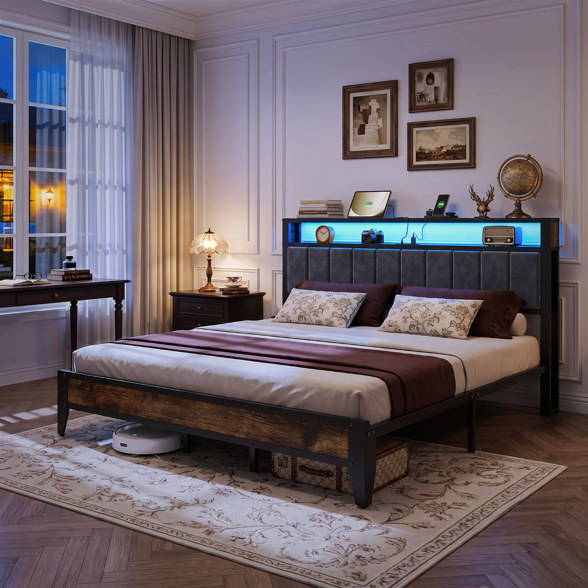 Bexfil King Size Bed Frame with LED Light, Charging Station and Storage Wood Headboard, Platform Bed Frames Weight Capacity of 1400 lbs for Bedroom (80.9‘'x80''Mattress )