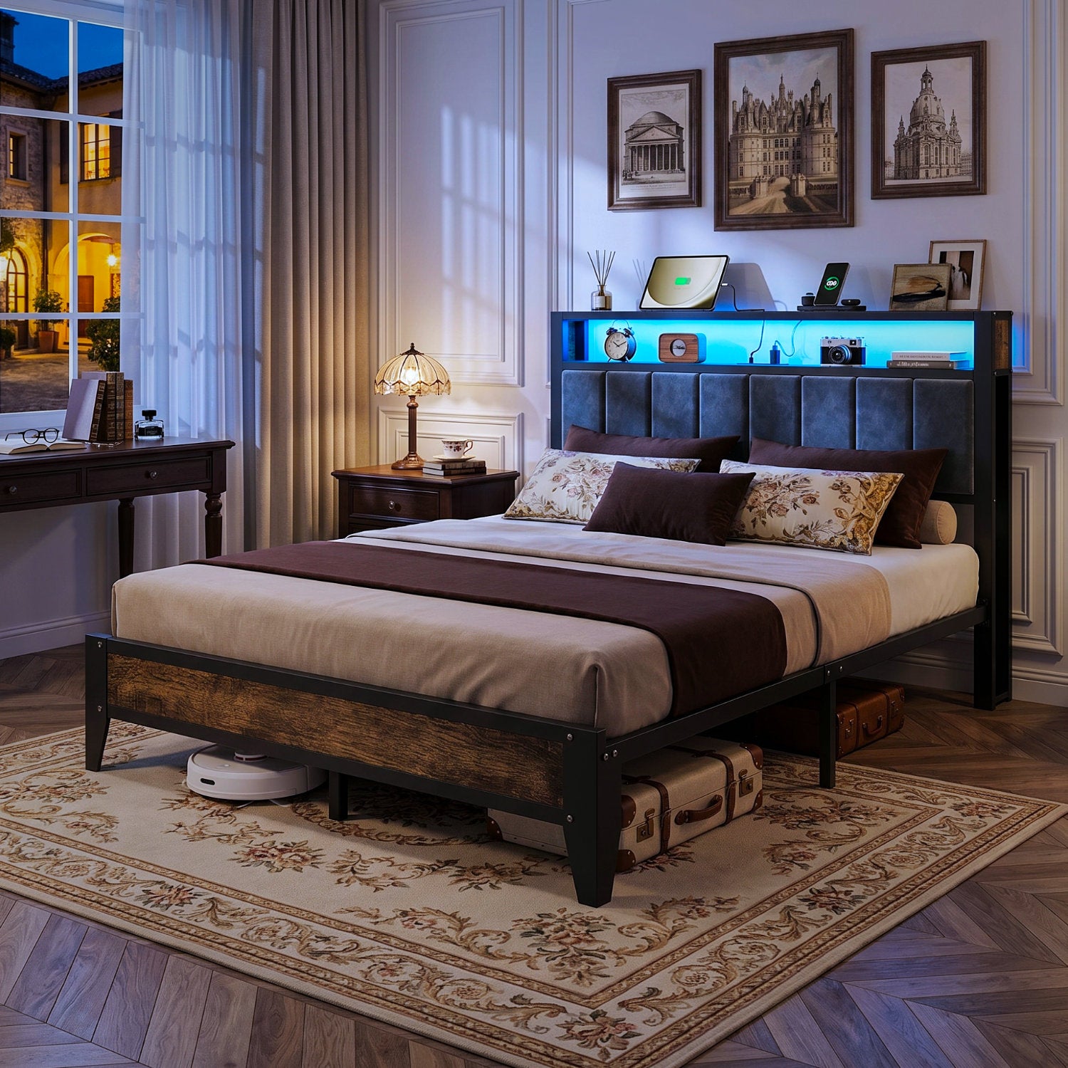 Bexfil Queen Size Platform Bed Frame with LED Light and Charging Station Storage Headboard, Great Support and Long-Term Durability, Weight Capacity of 1700 lbs
