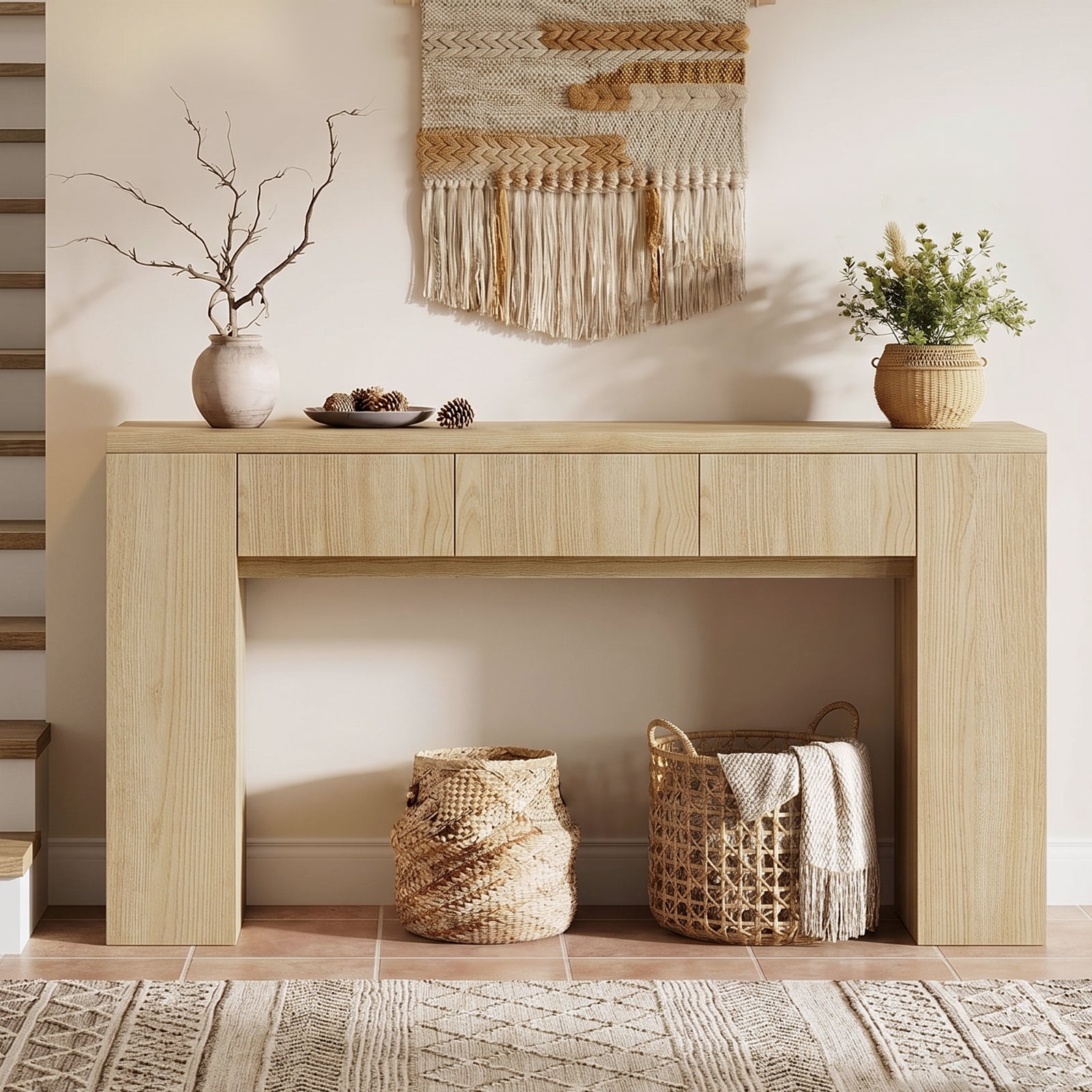 Kbun 71 inch Long Console Table with Drawers, Entryway Sofa Table Behind Couch, Wooden Hallway Table for Living Room, Entryway, Foyer Corridor, Industrial Farmhouse Oak Color