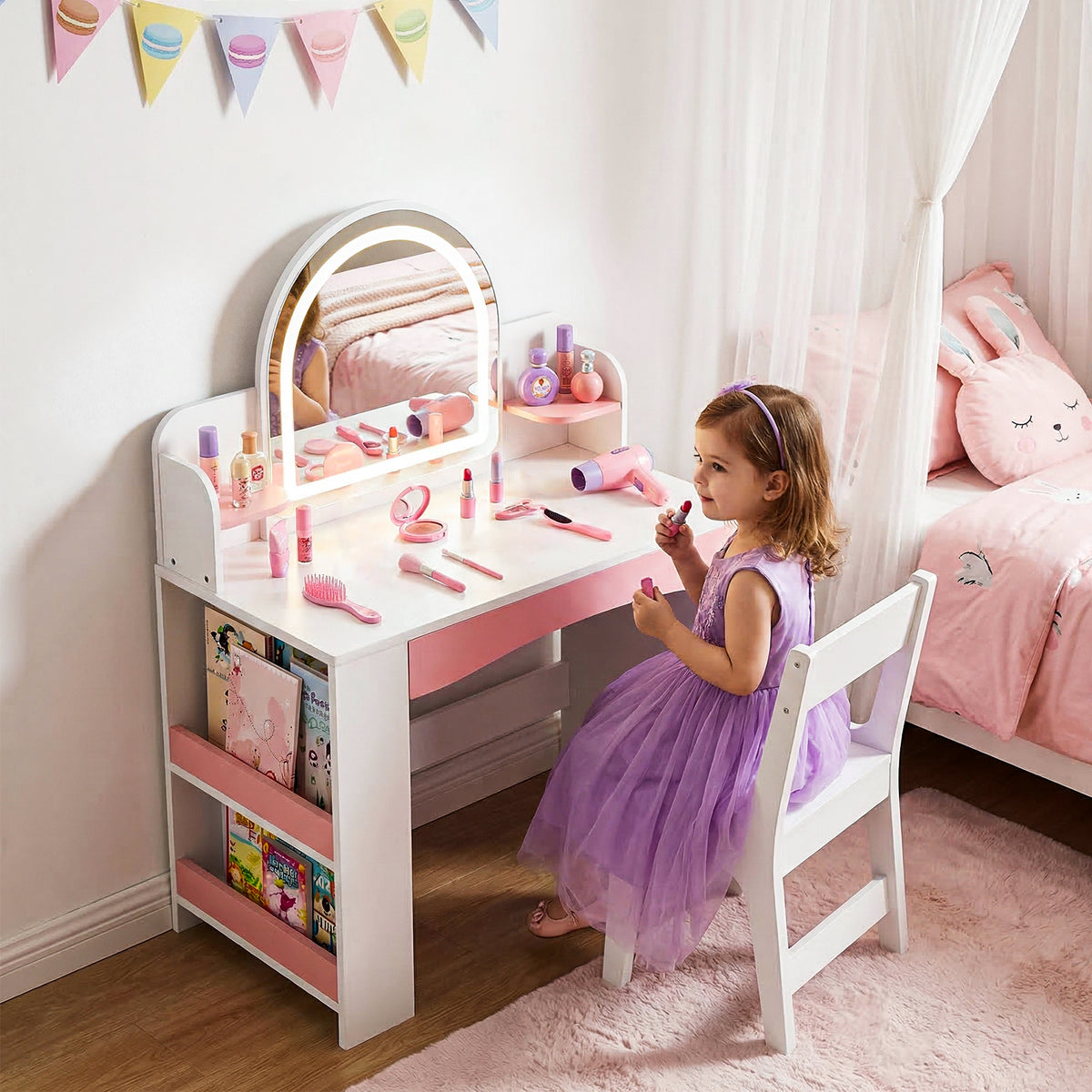 Bexfil Toddler Vanity with Lights and Chair Set, Kids LED Makeup Table with Adjustable Brightness & 3 Lighting Modes, Open Shelves and Bookshelf for Bedroom, Children's Study
