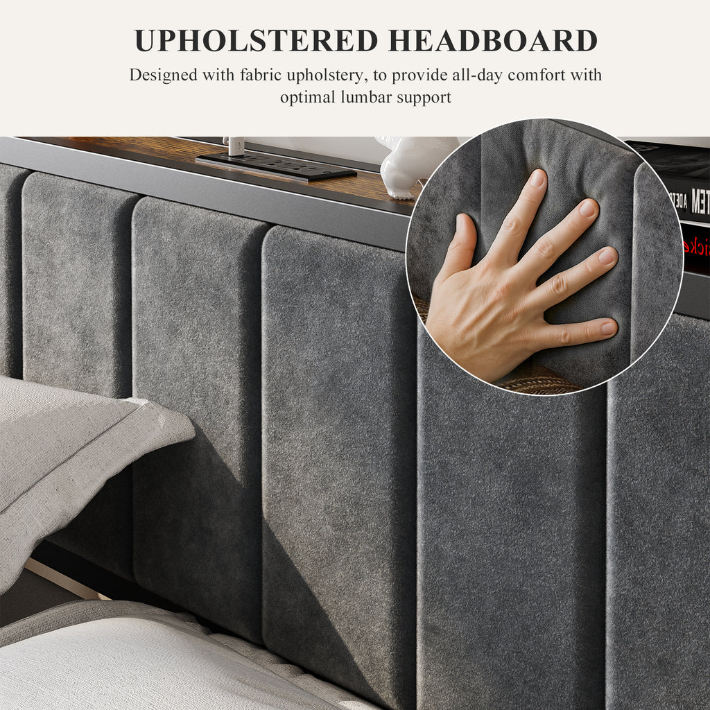 Kbun Queen Bed Frame with Storage Shelves & LED Light Headboard, Metal Platform Bed Frame with USB and Type-C Charging Station, No Box Spring Needed