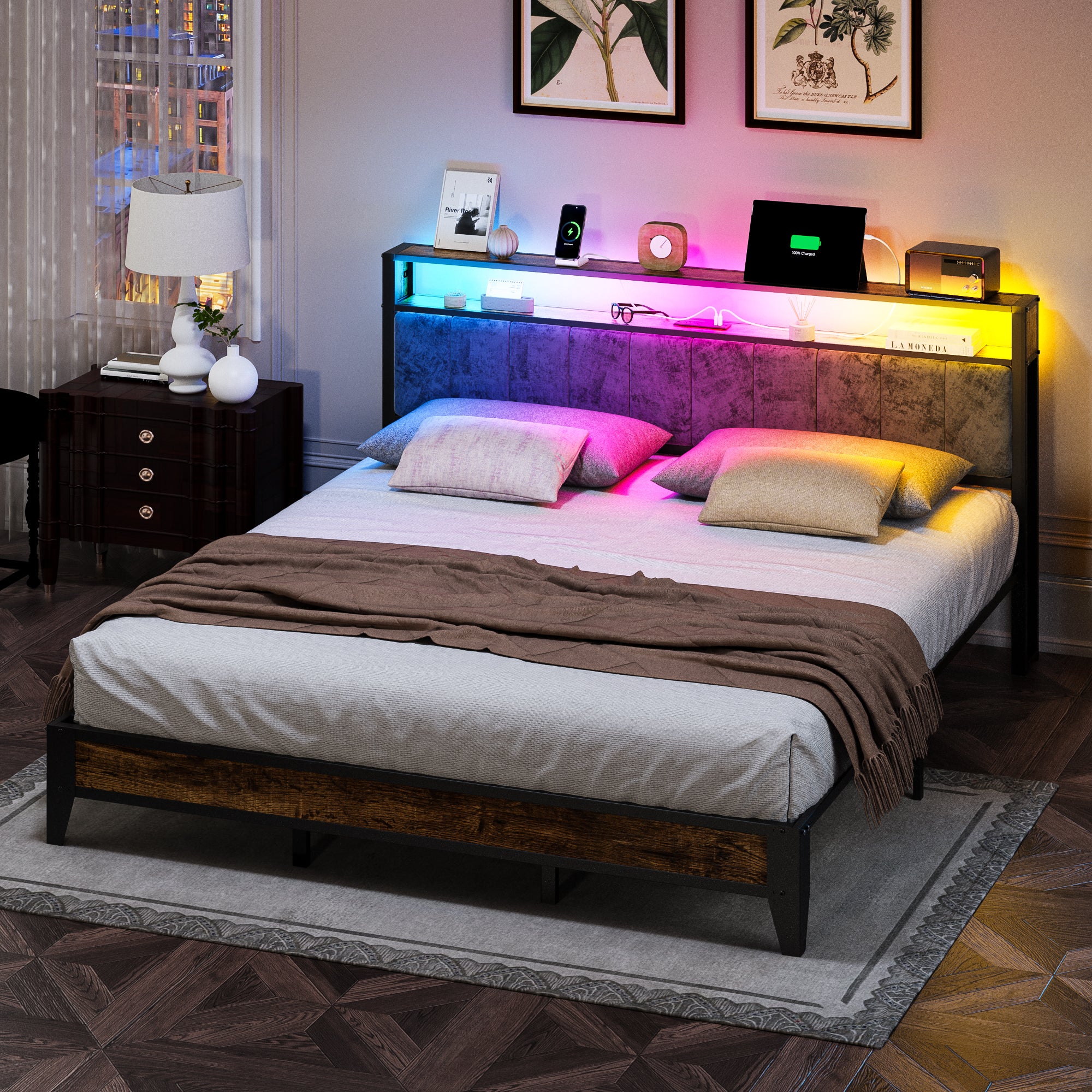 Dayago King Size Bed Frame, Storage Headboard with Charging Station, Solid and Stable, Noise Free, No Box Spring Needed, Easy Assembly, Rustic Brown