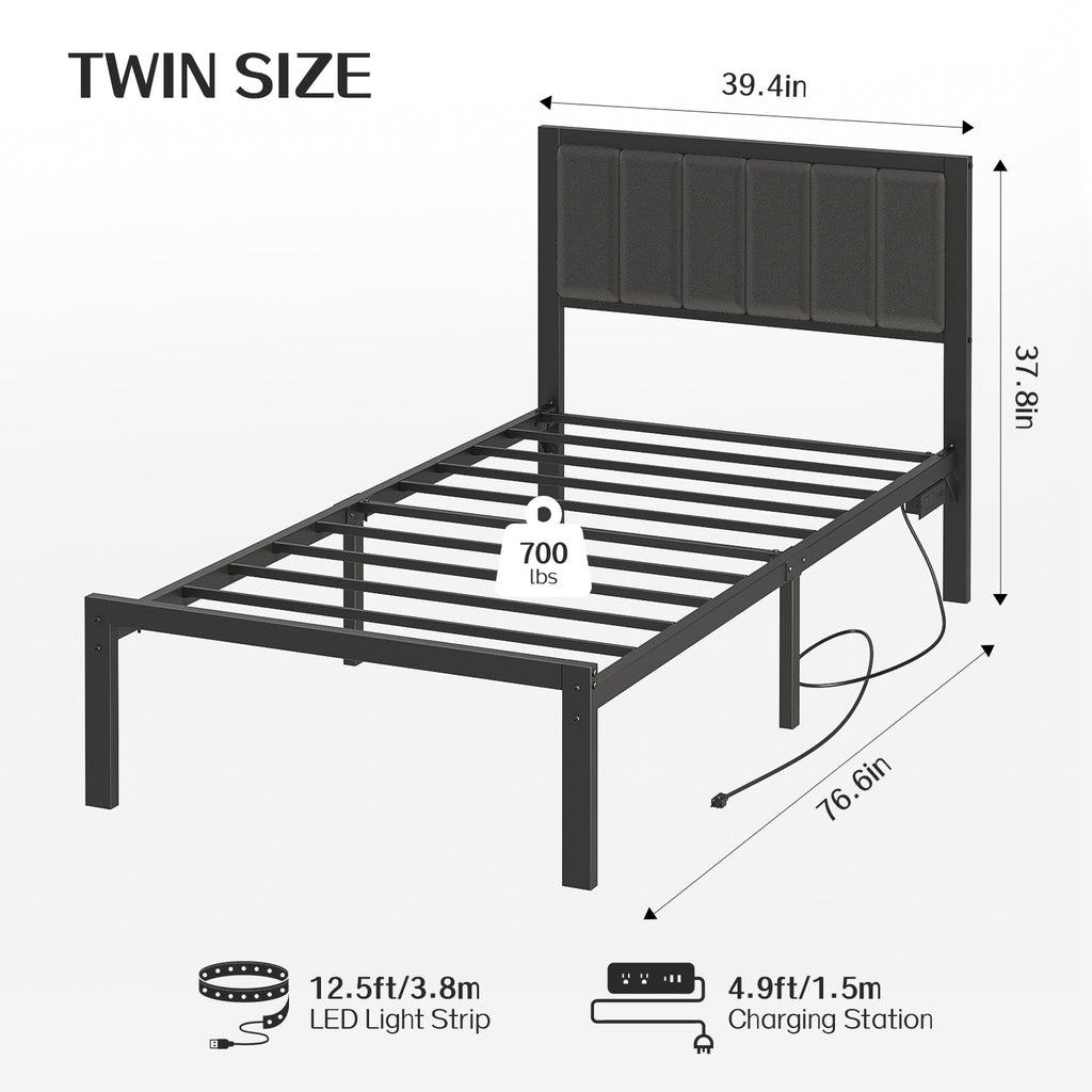 Kbun Metal Platform Bed Frame, Twin Bed Frame with Upholstered Headboard, Charage Station and LED Light Strip, Under-Bed Storage, No Box Spring Needed, Easy Assembly, Gray