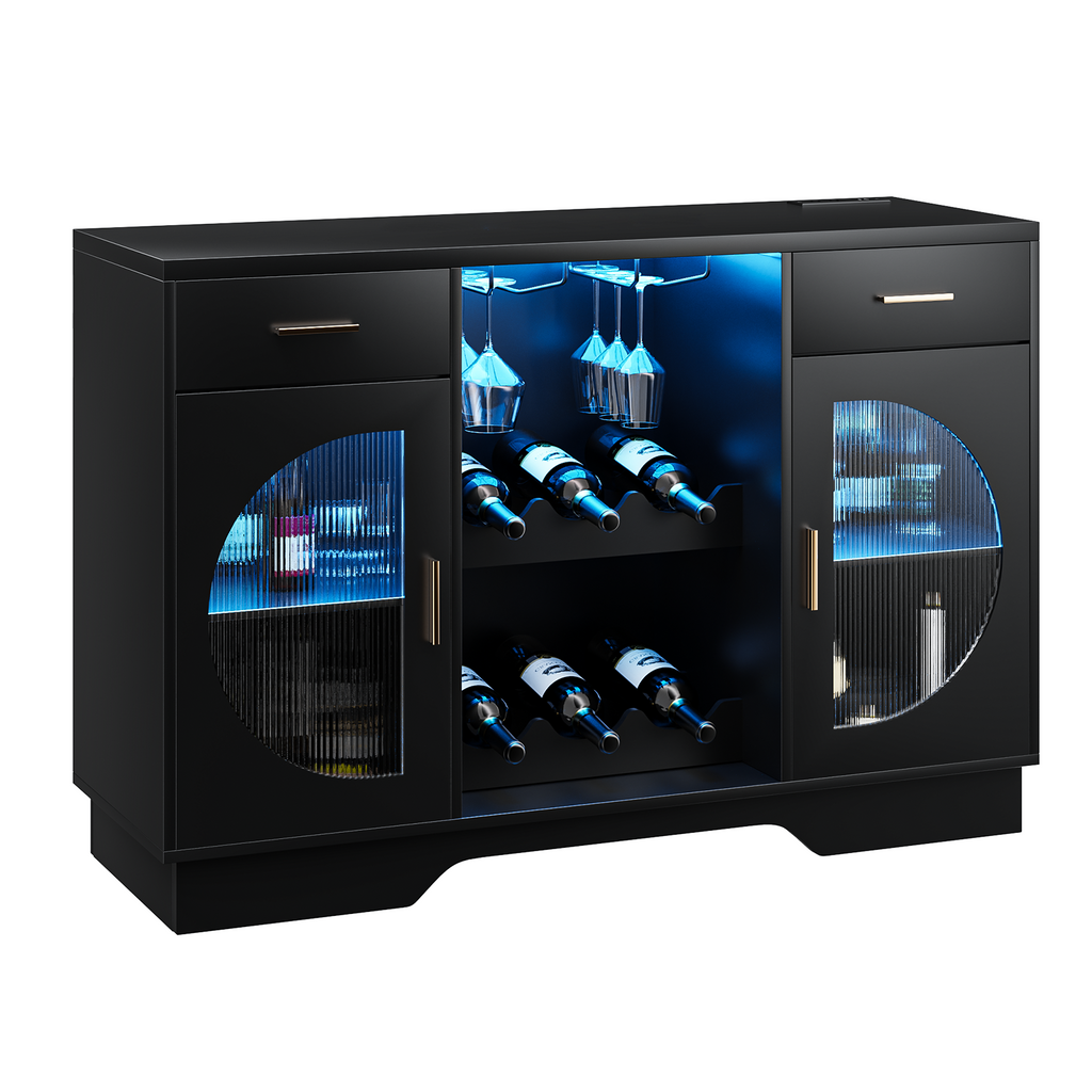 Kbun Coffee Bar Cabinet with Fridge Space, Wine Bar with LED Lights & Power Outlet, Sideboard for Home with Glass Doors, Freestanding Liquor Cabinet, Black