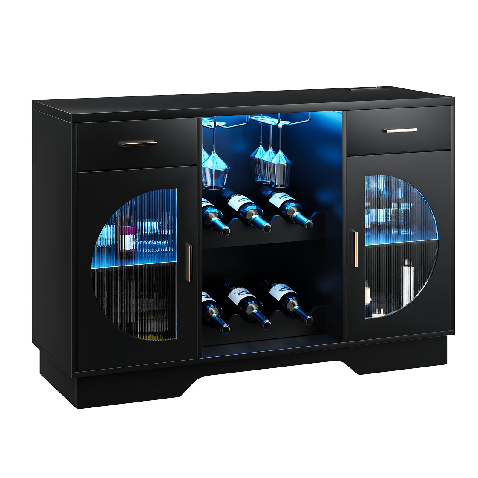 Kbun Coffee Bar Cabinet with Fridge Space, Wine Bar with LED Lights & Power Outlet, Sideboard for Home with Glass Doors, Freestanding Liquor Cabinet, Black