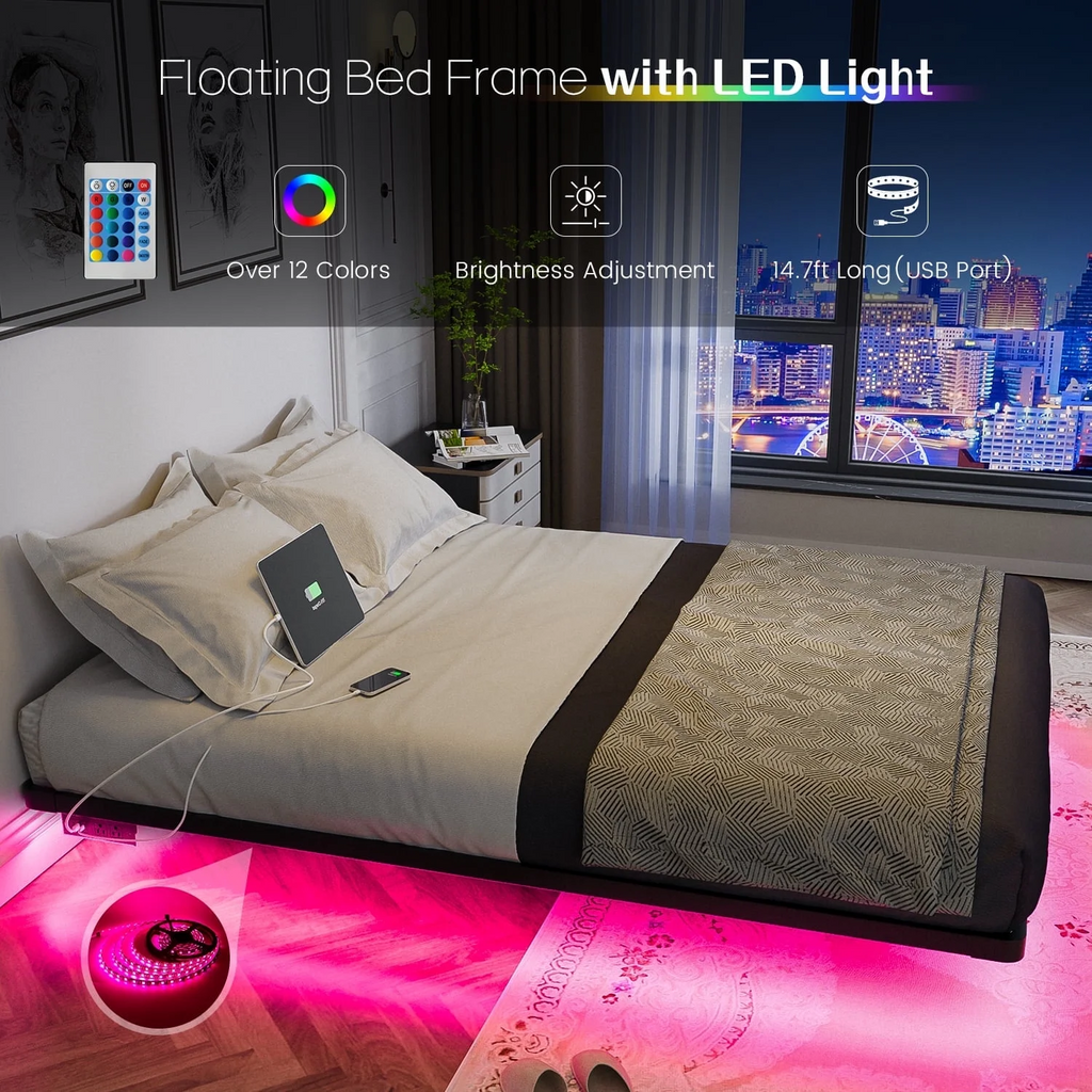 Dayago Floating Bed Frame Full Size with Smart LED Lights and Charging Station, Standard Bed Frames