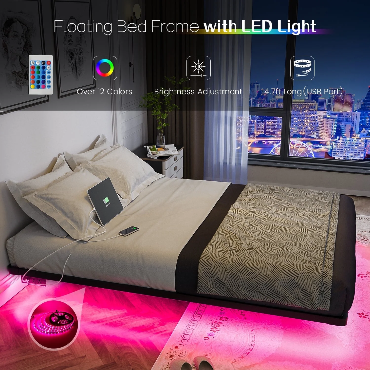 Dayago Floating Bed Frame Full Size with Smart LED Lights and Charging Station, Standard Bed Frames