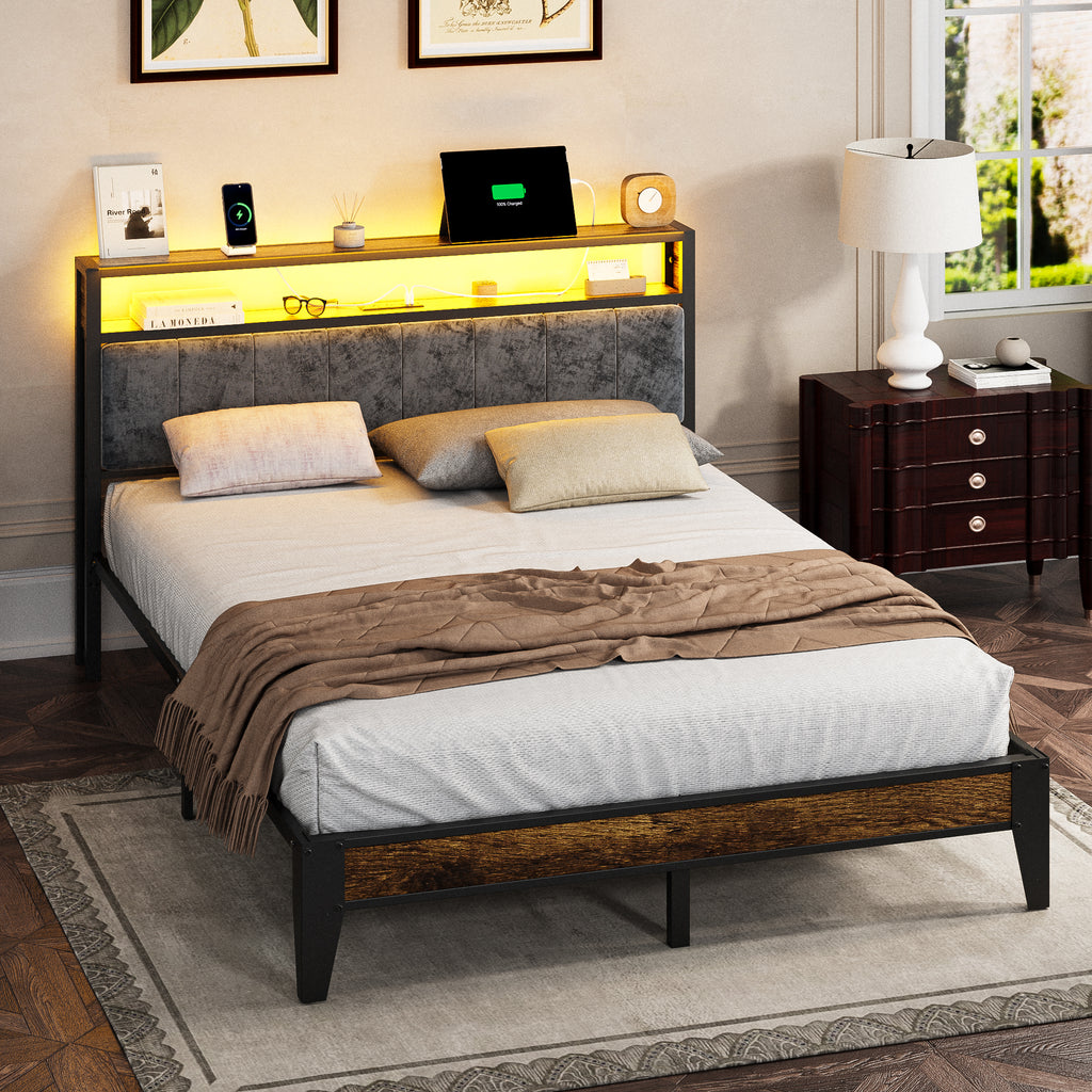 Dayago Queen Size Bed Frame, Storage Headboard with Charging Station, Solid and Stable, Noise Free, No Box Spring Needed, Easy Assembly, Rustic Brown