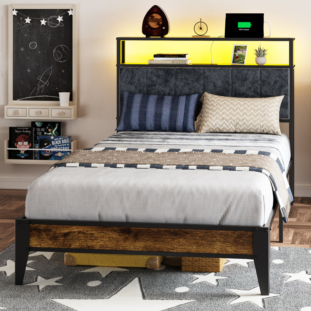 Dayago Twin Size Bed Frame, Storage Headboard with Charging Station, Solid and Stable, Noise Free, No Box Spring Needed, Easy Assembly, Rustic Brown