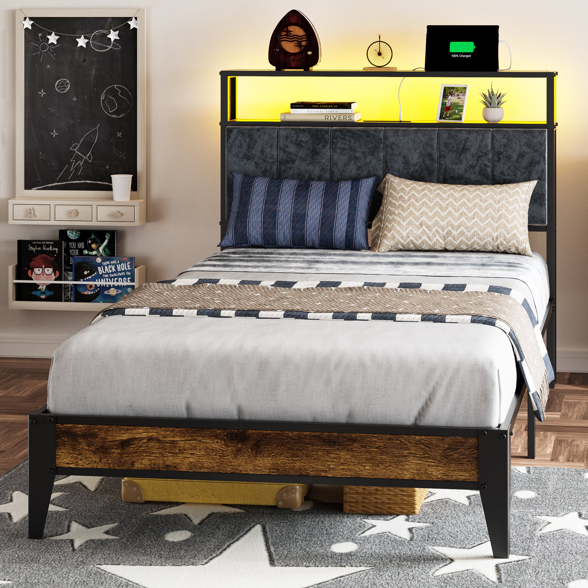 Dayago Twin Size Bed Frame, Storage Headboard with Charging Station, Solid and Stable, Noise Free, No Box Spring Needed, Easy Assembly, Rustic Brown