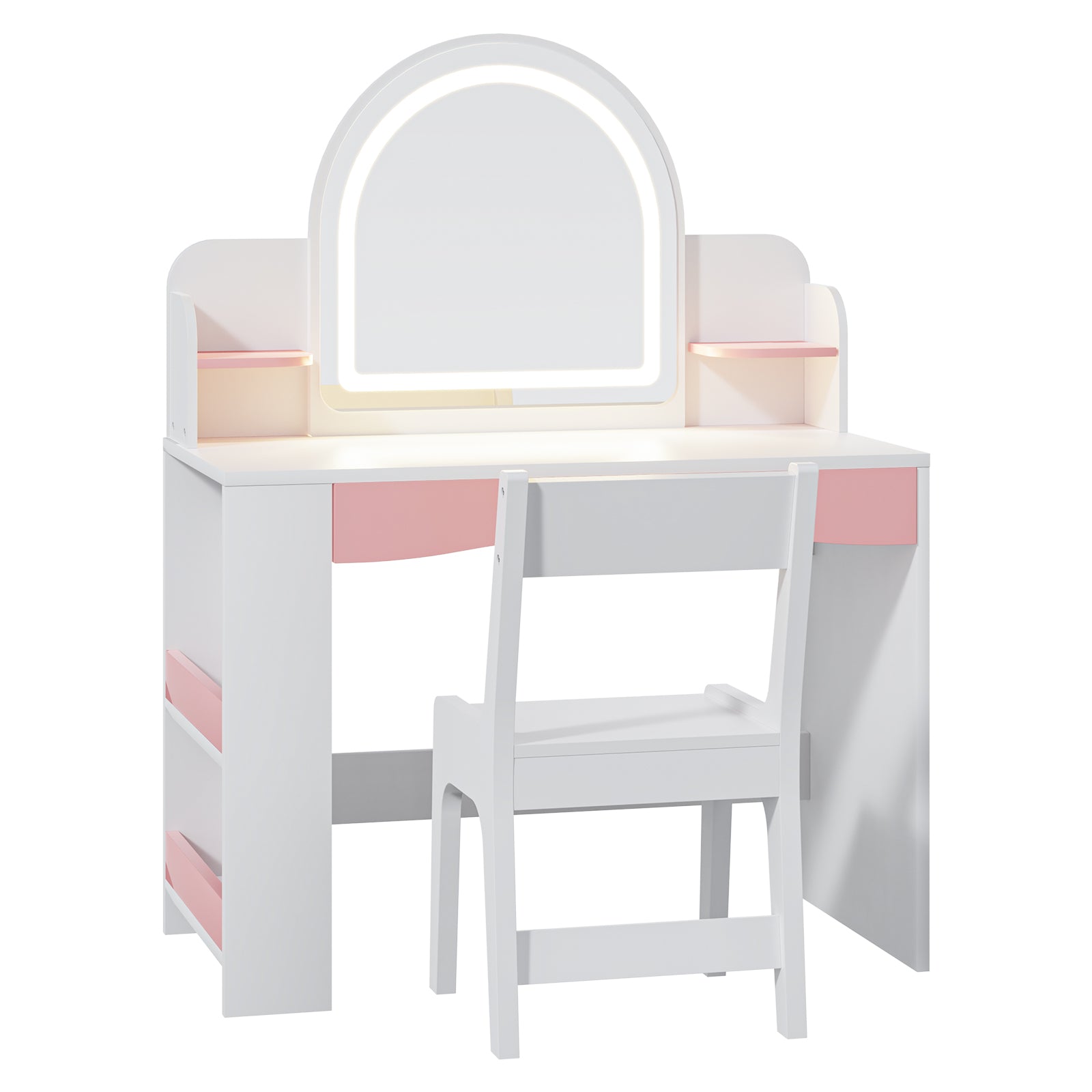 Bexfil Toddler Vanity with Lights and Chair Set, Kids LED Makeup Table with Adjustable Brightness & 3 Lighting Modes, Open Shelves and Bookshelf for Bedroom Playroom