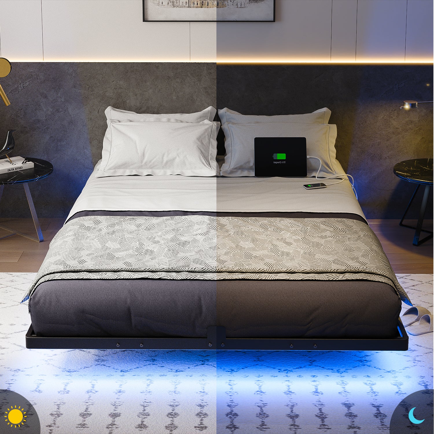 Kbun Queen Floating Bed Frame with Smart LED Lights and Charging Station, Heavy Duty Metal Platform Bed Frame, Noise-Free, Under-Bed Storage, No Box Spring Needed