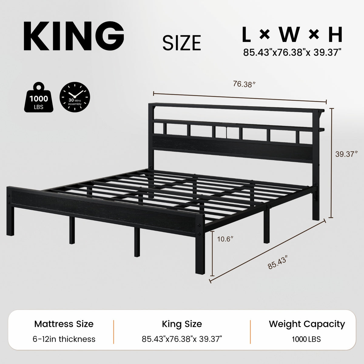 Bexfil King Bed Frame with Storage Headboard and LED Light, Metal Platform Bed Station with Charging Station & LED, Noise-Free, No Box Spring Needed