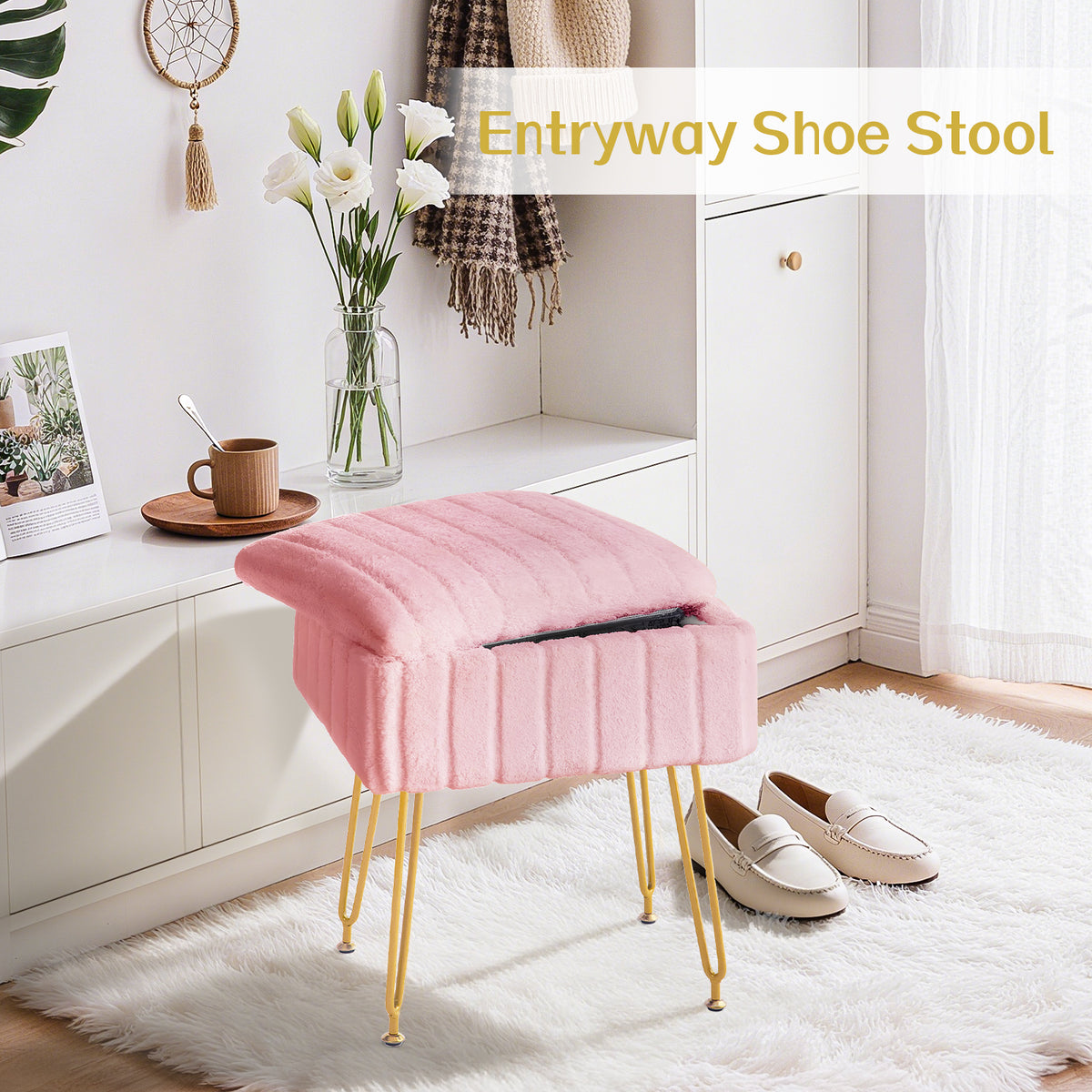 Kbun Faux Fur Vanity Stool with Storage, Makeup Ottoman Chair with Upholstered Seat, Metal Legs & Anti-Slip Feet for Bedroom, Living Room, Pink