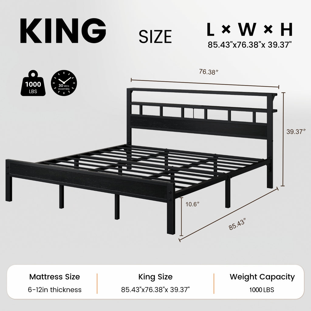 Bexfil King Bed Frame with Storage Headboard and LED Light, Metal Platform Bed Station with Charging Station & LED, Noise-Free, No Box Spring Needed