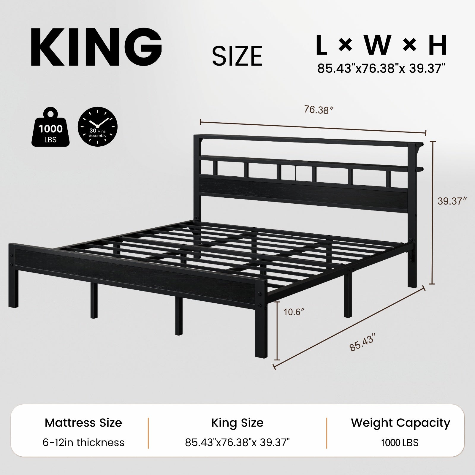 Bexfil King Bed Frame with Storage Headboard and LED Light, Metal Platform Bed Station with Charging Station & LED, Noise-Free, No Box Spring Needed