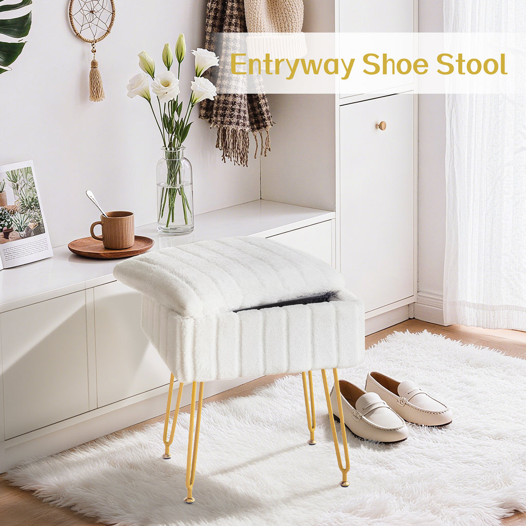 Kbun Faux Fur Vanity Stool with Storage, Makeup Ottoman Chair with Upholstered Seat, Metal Legs & Anti-Slip Feet for Bedroom, Living Room, White