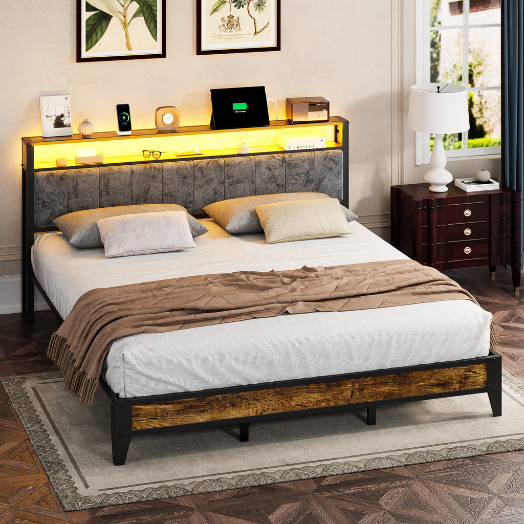 Dayago King Size Bed Frame, Storage Headboard with Charging Station, Solid and Stable, Noise Free, No Box Spring Needed, Easy Assembly, Rustic Brown