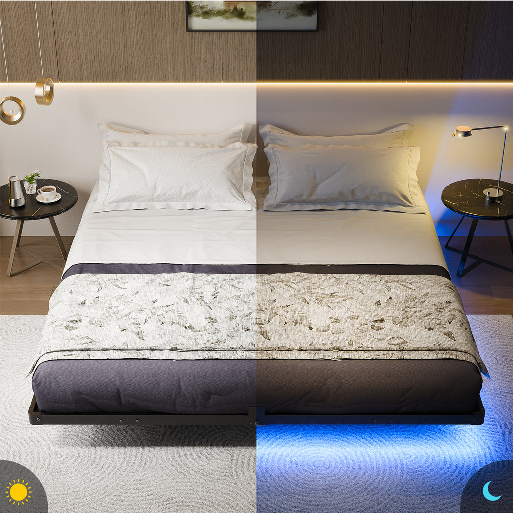 Kbun King Floating Bed Frame with Smart LED Lights and Charging Station, Heavy Duty Metal Platform Bed Frame, Noise-Free, Under-Bed Storage, No Box Spring Needed