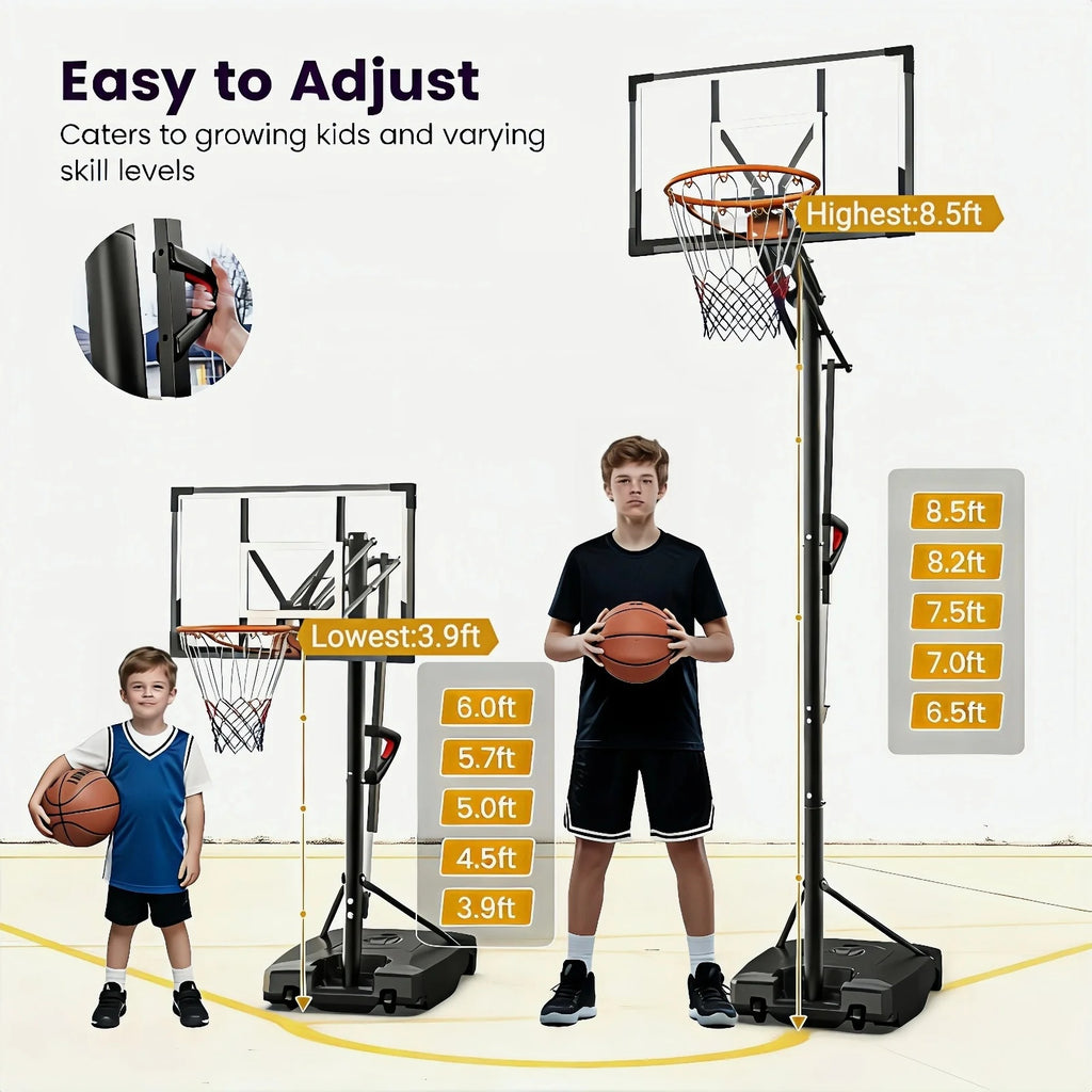 FirstAsk 33" Portable Basketball Hoop & Goal Outdoor 3.9-8.5 ft. Height Adjustable for Kids/Teens/Adults, HDPE Backboard Material