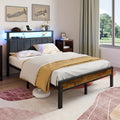 Dayago Upholstered Full Size Bed Frame with LED Lights Charging Station Shelf Headboard Heavy Duty Metal Platform Bed, Noise Free,Brown
