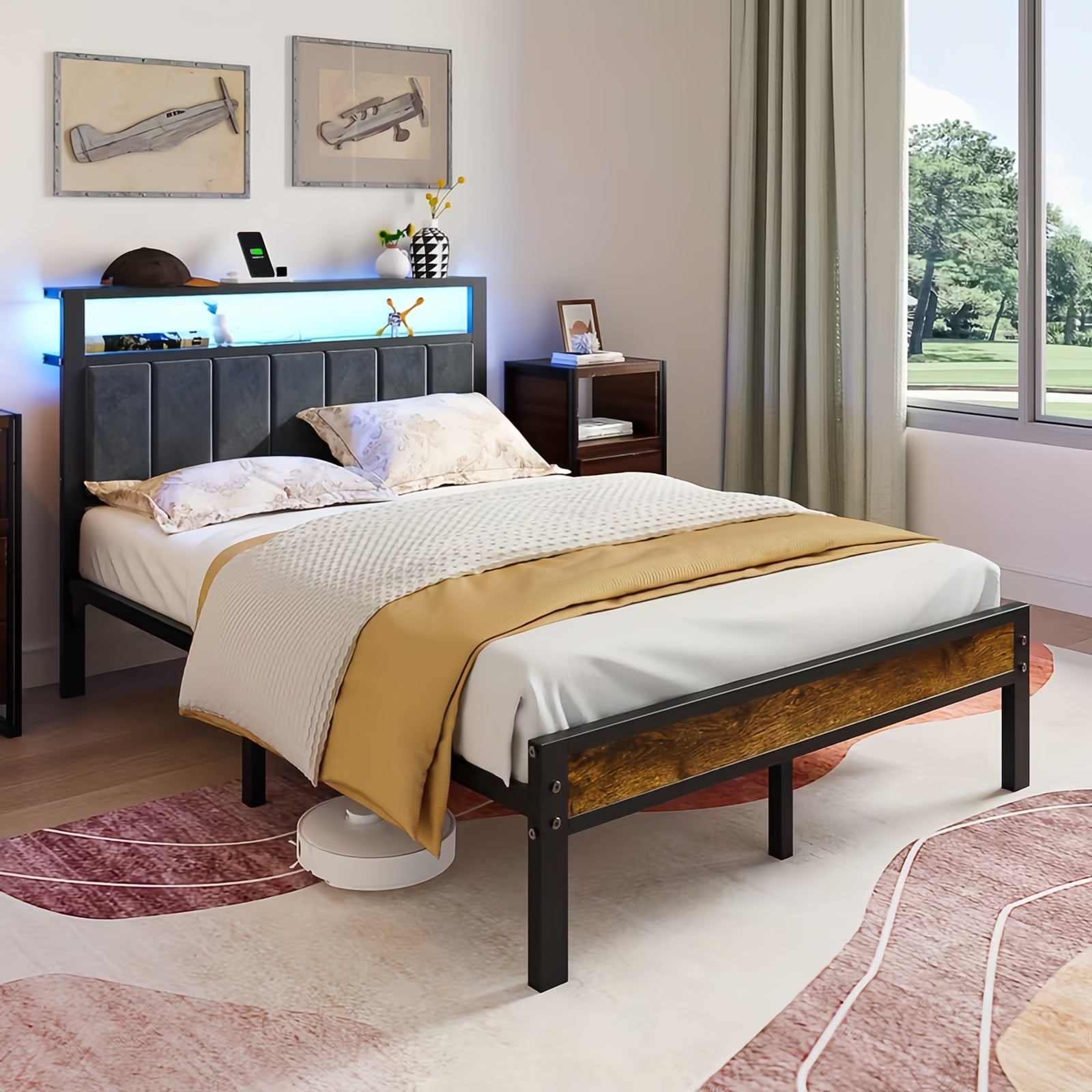 Dayago Upholstered Full Size Bed Frame with LED Lights Charging Station Shelf Headboard Heavy Duty Metal Platform Bed, Noise Free,Brown