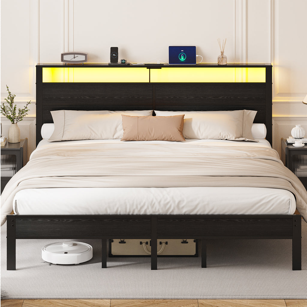 Kbun King Size Platform Bed Frame with Wood Headboard, Metal Bed Frame with LED Light, Heavy Duty Steel Slat Supported Full Bed Frames, No Box Spring Needed, Black