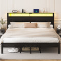 Kbun King Size Platform Bed Frame with Wood Headboard, Metal Bed Frame with LED Light, Heavy Duty Steel Slat Supported Full Bed Frames, No Box Spring Needed, Black