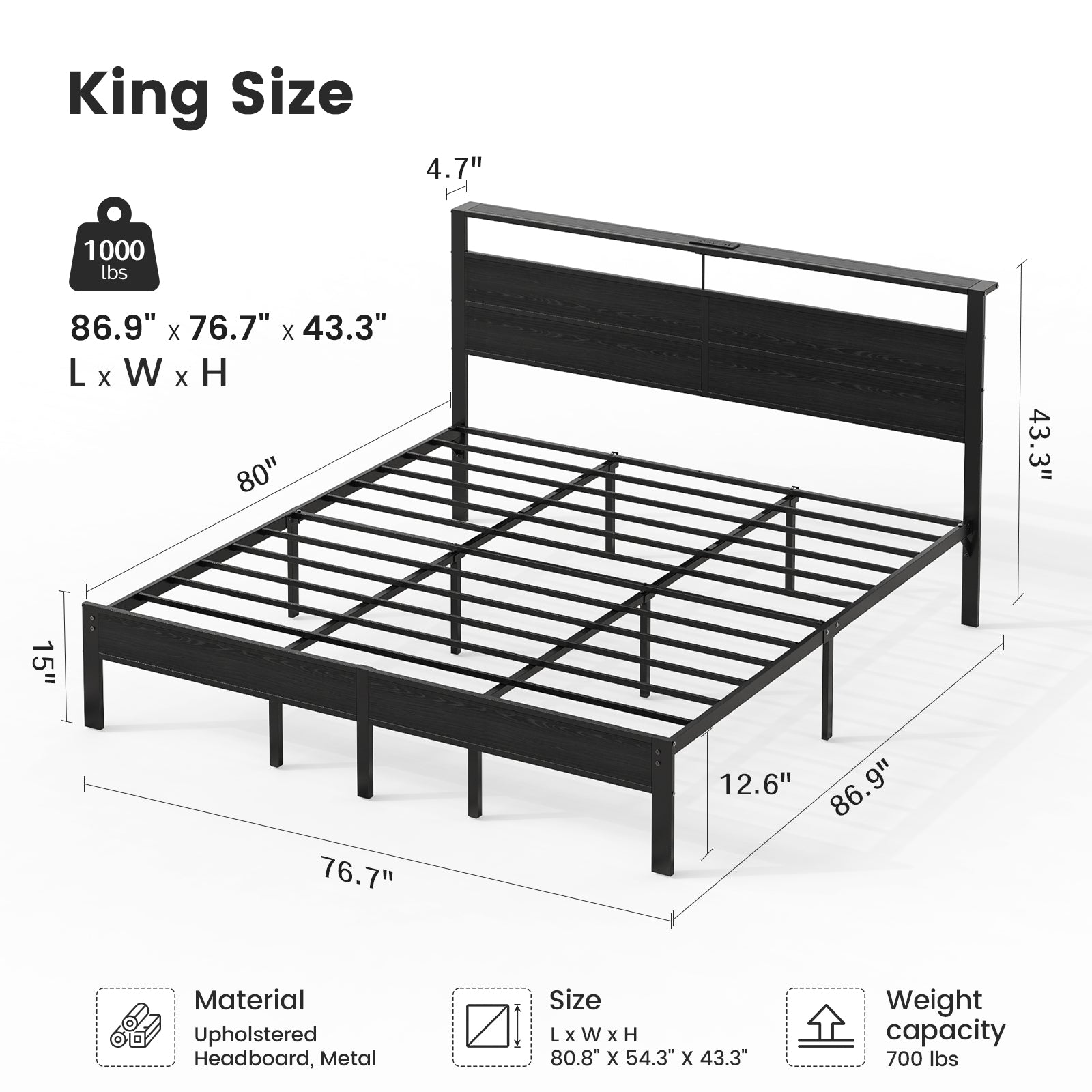 Kbun King Size Platform Bed Frame with Wood Headboard, Metal Bed Frame with LED Light, Heavy Duty Steel Slat Supported Full Bed Frames, No Box Spring Needed, Black