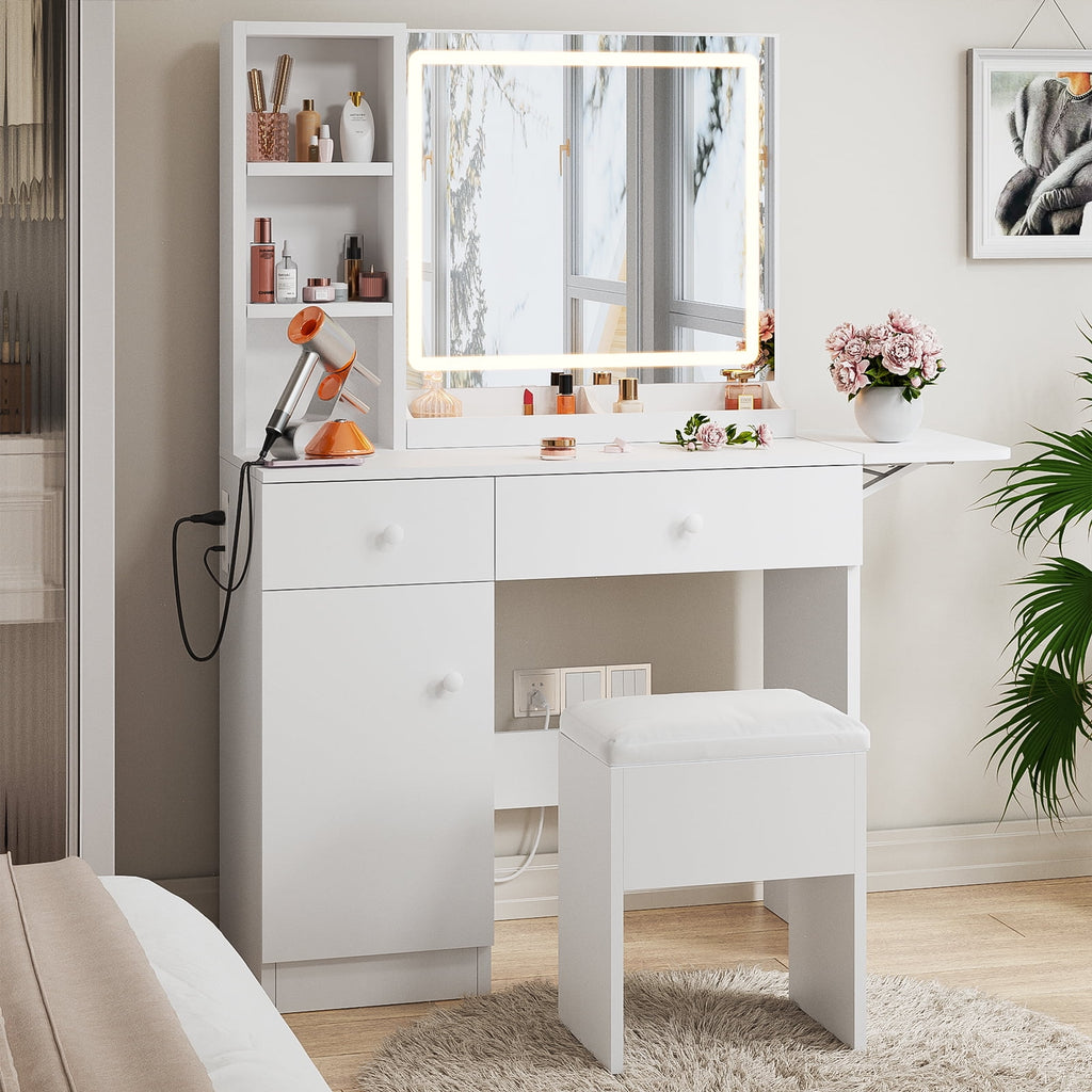 Bexfil Vanity Set Dressing Table and Chair Set with 3 Lighting Modes, Makeup Vanity Desk Mirror and Lights, White