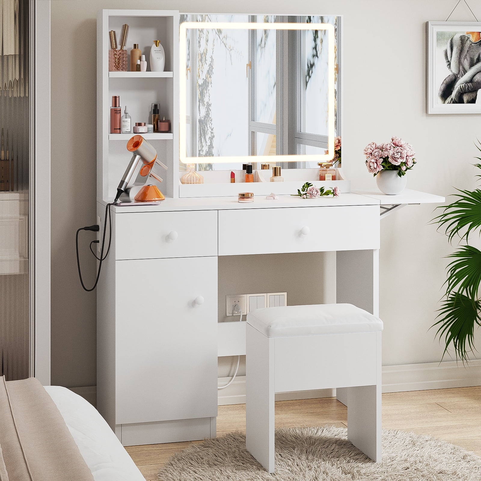 Bexfil Vanity Set Dressing Table and Chair Set with 3 Lighting Modes, Makeup Vanity Desk Mirror and Lights, White