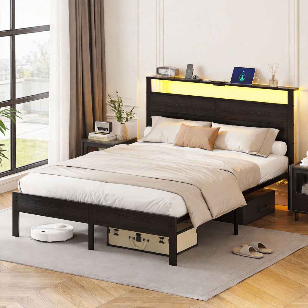 Kbun Full Size Platform Bed Frame with Wood Headboard, Metal Bed Frame with LED Light, Heavy Duty Steel Slat Supported Full Bed Frames, No Box Spring Needed, Black
