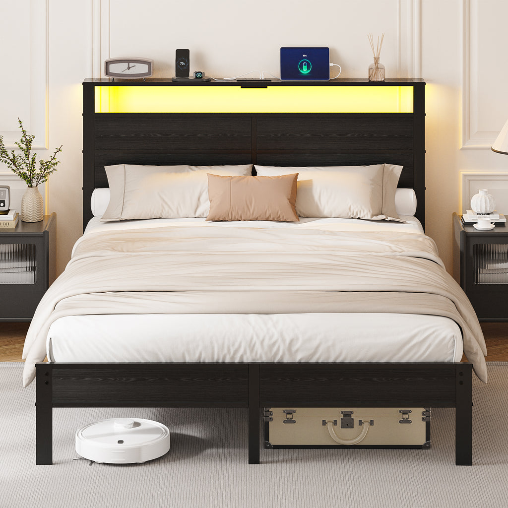 Kbun Full Size Platform Bed Frame with Wood Headboard, Metal Bed Frame with LED Light, Heavy Duty Steel Slat Supported Full Bed Frames, No Box Spring Needed, Black