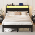 Kbun Full Size Platform Bed Frame with Wood Headboard, Metal Bed Frame with LED Light, Heavy Duty Steel Slat Supported Full Bed Frames, No Box Spring Needed, Black