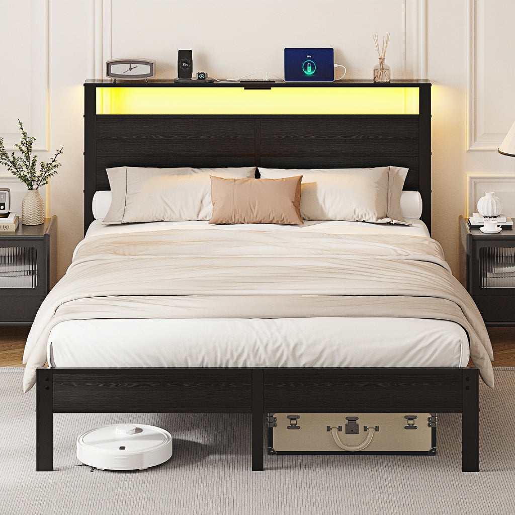 Kbun Queen Size Platform Bed Frame with Fabric Wood Headboard, Metal Bed Frame with LED Light, Heavy Duty Steel Slat Supported Full Bed Frames, No Box Spring Needed, Black