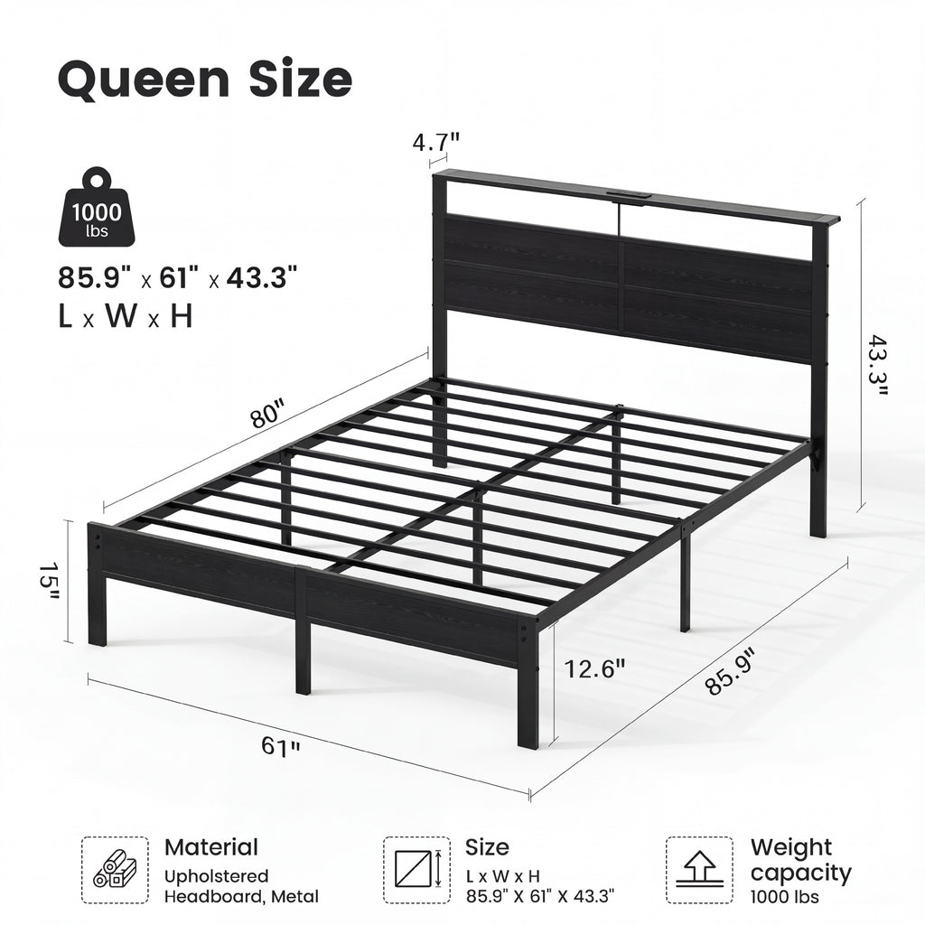 Kbun Queen Size Platform Bed Frame with Fabric Wood Headboard, Metal Bed Frame with LED Light, Heavy Duty Steel Slat Supported Full Bed Frames, No Box Spring Needed, Black