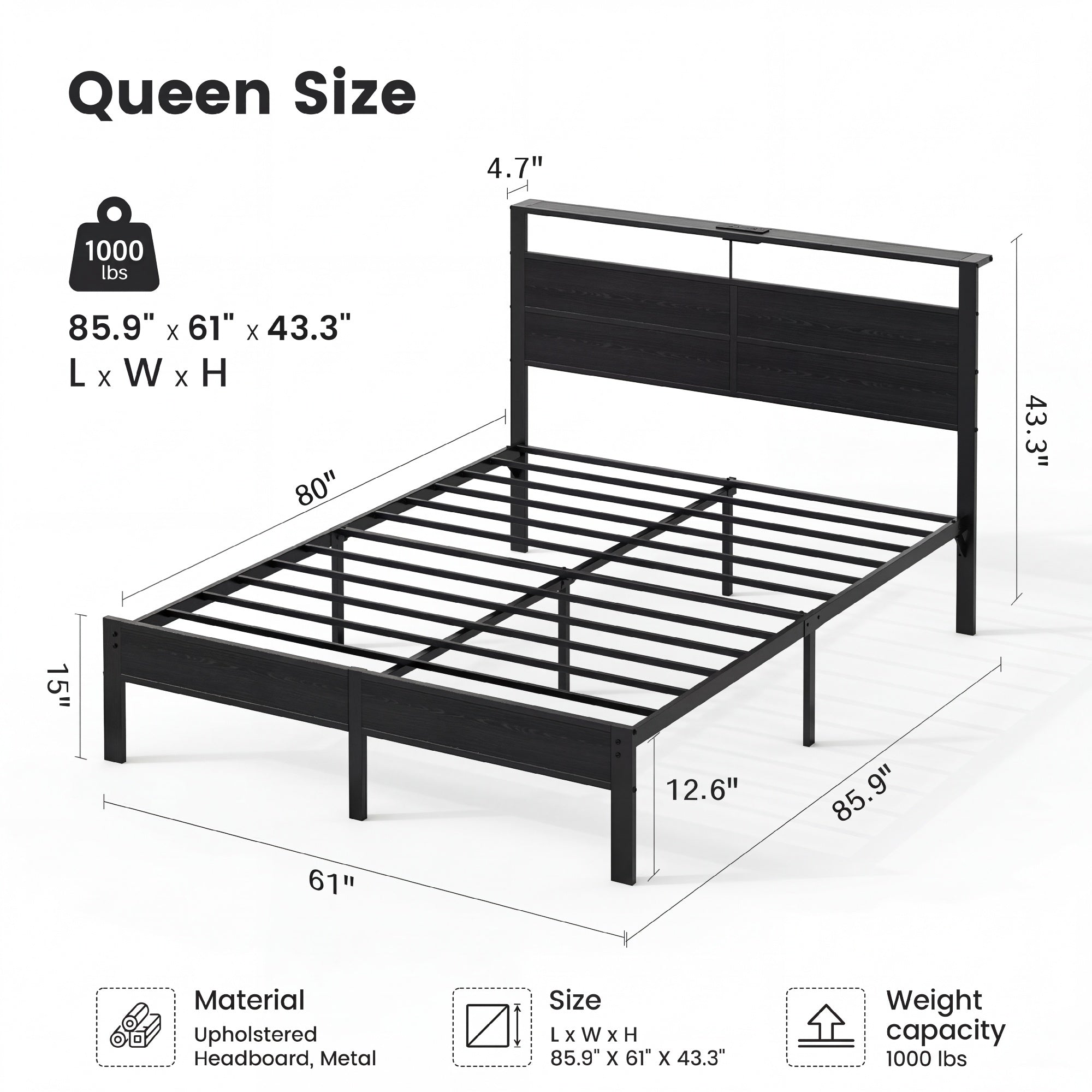 Kbun Queen Size Platform Bed Frame with Fabric Wood Headboard, Metal Bed Frame with LED Light, Heavy Duty Steel Slat Supported Full Bed Frames, No Box Spring Needed, Black