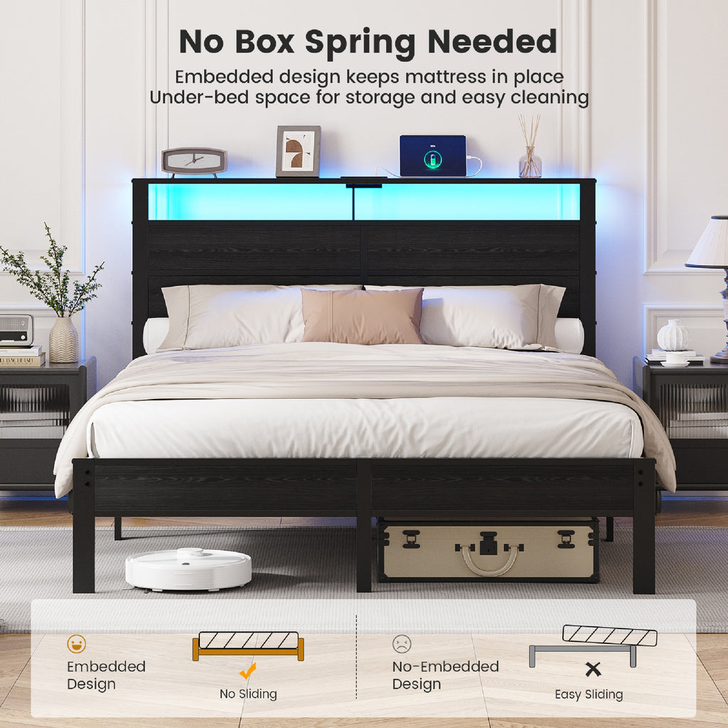 Kbun Queen Size Platform Bed Frame with Fabric Wood Headboard, Metal Bed Frame with LED Light, Heavy Duty Steel Slat Supported Full Bed Frames, No Box Spring Needed, Black