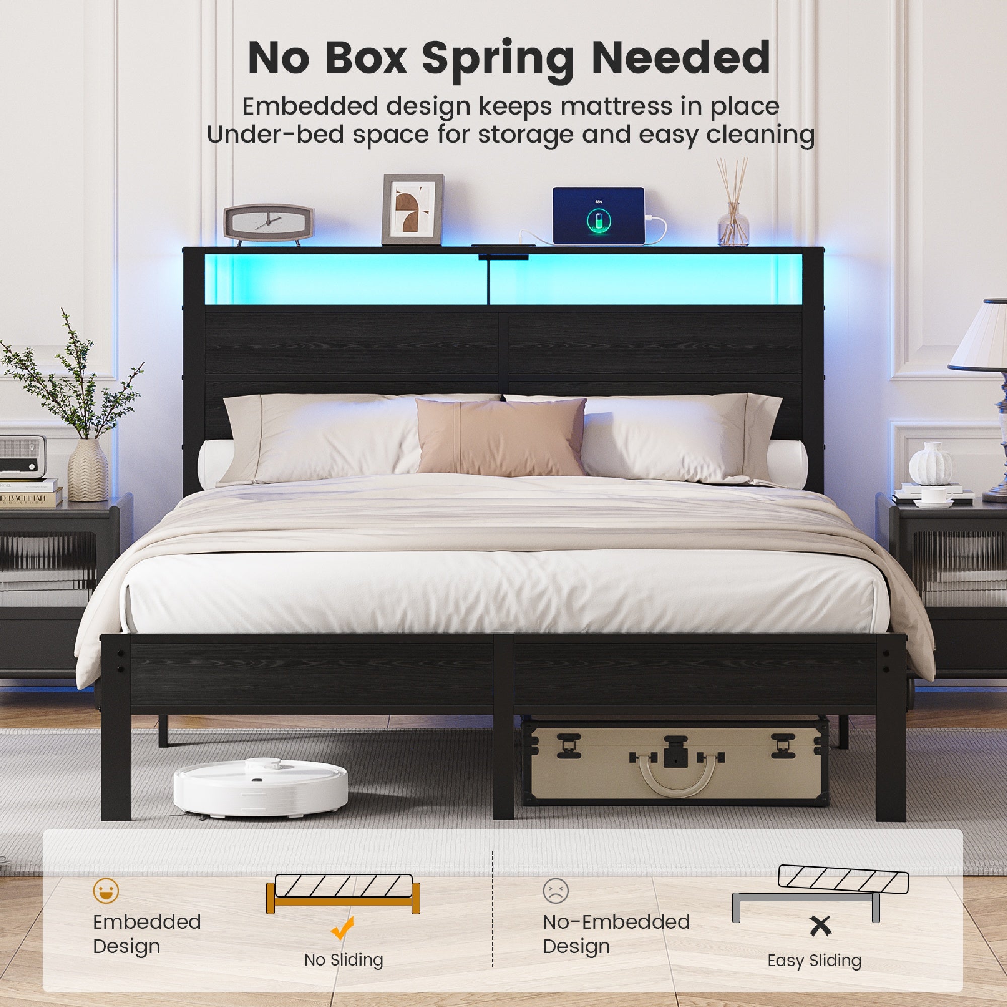 Kbun Queen Size Platform Bed Frame with Fabric Wood Headboard, Metal Bed Frame with LED Light, Heavy Duty Steel Slat Supported Full Bed Frames, No Box Spring Needed, Black