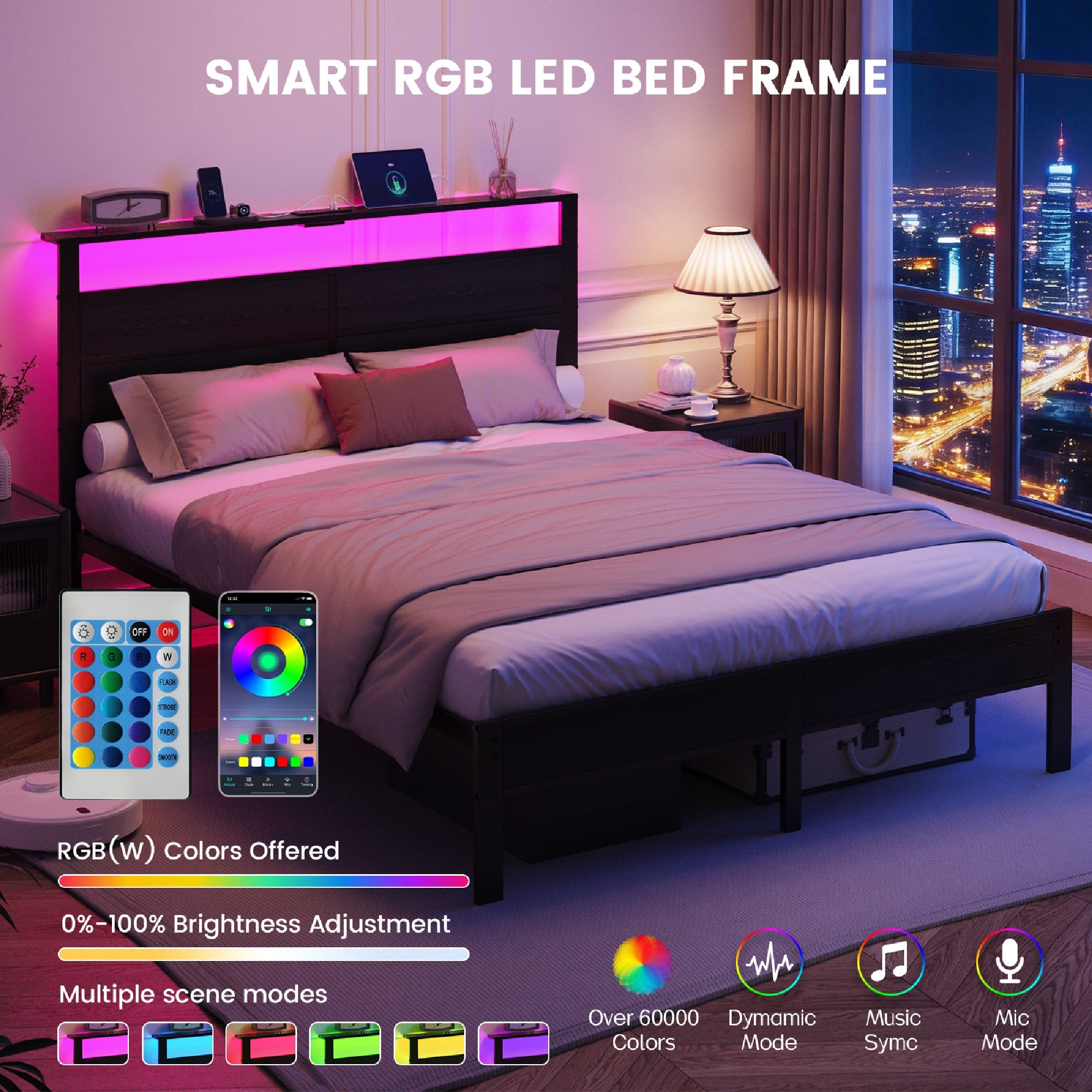 Kbun Queen Size Platform Bed Frame with Fabric Wood Headboard, Metal Bed Frame with LED Light, Heavy Duty Steel Slat Supported Full Bed Frames, No Box Spring Needed, Black