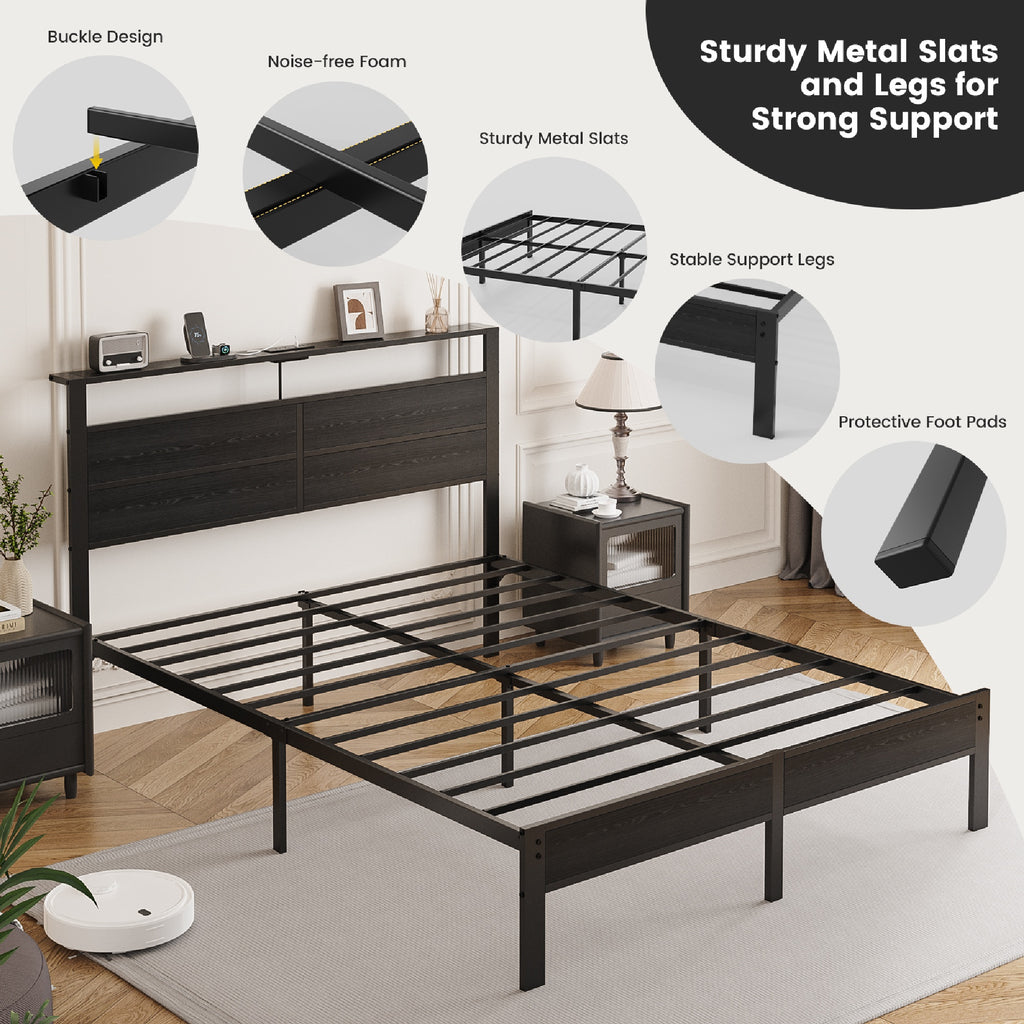 Kbun Queen Size Platform Bed Frame with Fabric Wood Headboard, Metal Bed Frame with LED Light, Heavy Duty Steel Slat Supported Full Bed Frames, No Box Spring Needed, Black