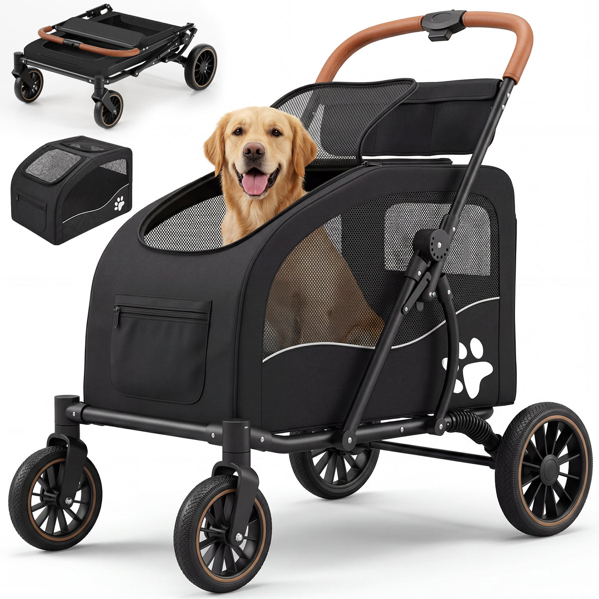 Heavy Duty Dog Stroller for Large Dogs up to 110lbs, Foldable Pet Wagon with Detachable Cabin, Spacious Multi-Pet Carrier for 2 Dogs or Multiple Cats