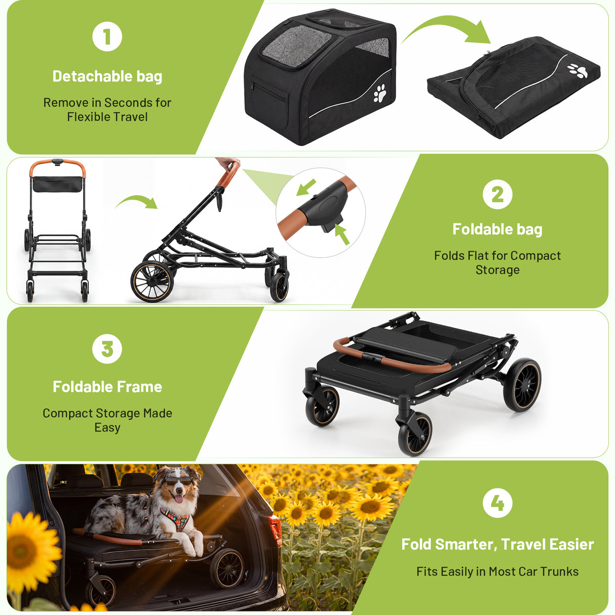 Heavy Duty Dog Stroller for Large Dogs up to 110lbs, Foldable Pet Wagon with Detachable Cabin, Spacious Multi-Pet Carrier for 2 Dogs or Multiple Cats