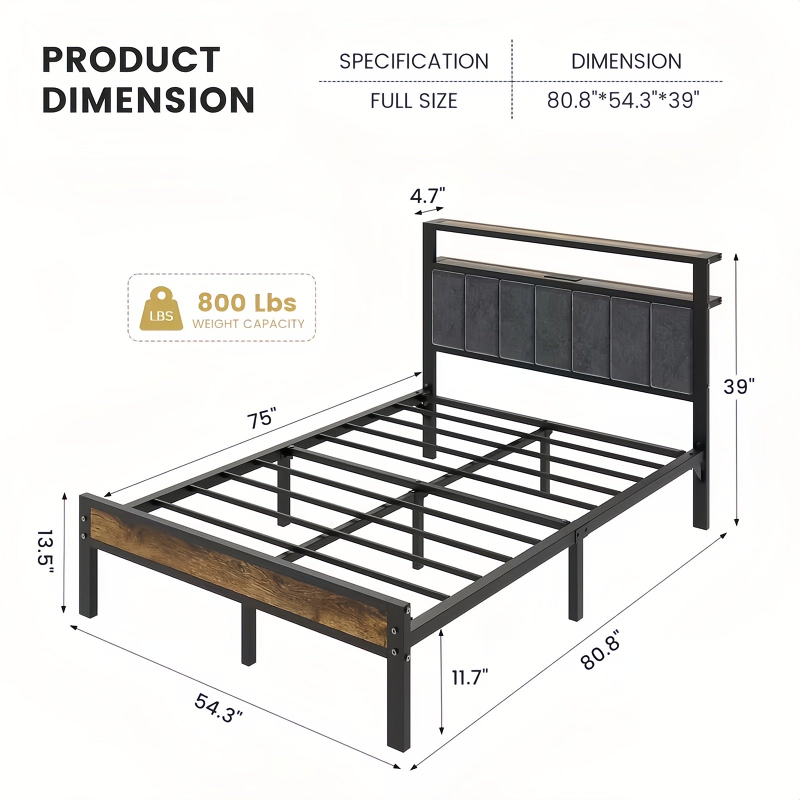 Dayago Upholstered Full Size Bed Frame with LED Lights Charging Station Shelf Headboard Heavy Duty Metal Platform Bed, Noise Free,Brown