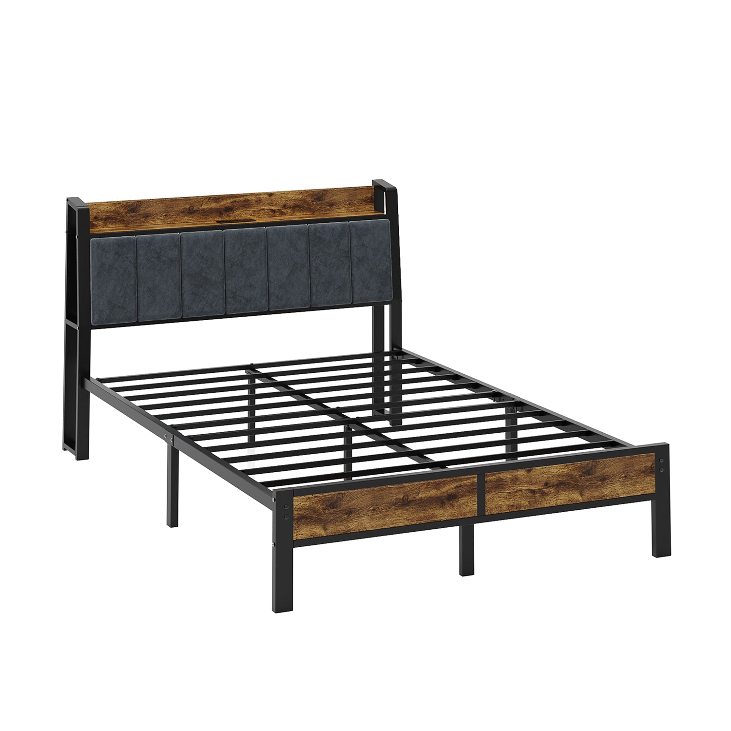 Full Size Bed Frame with Smart LED Light, Wood Storage Charging Station Headboard