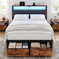 Bexfil Full Bed Frame with 2 Storage Drawers, Metal Platform Bed Frame with Built in Charging Station & LED, Noise-Free, Metal Support, No Box Spring Needed, Classic Brown