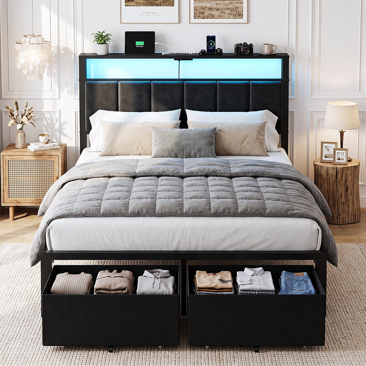 Bexfil Full Size Bed Frame with Built in Charging Station and LED Light, Metal Platform Bed Frames with 2 Storage Drawers, Noise-Free,Metal Support, No Box Spring Needed, Black
