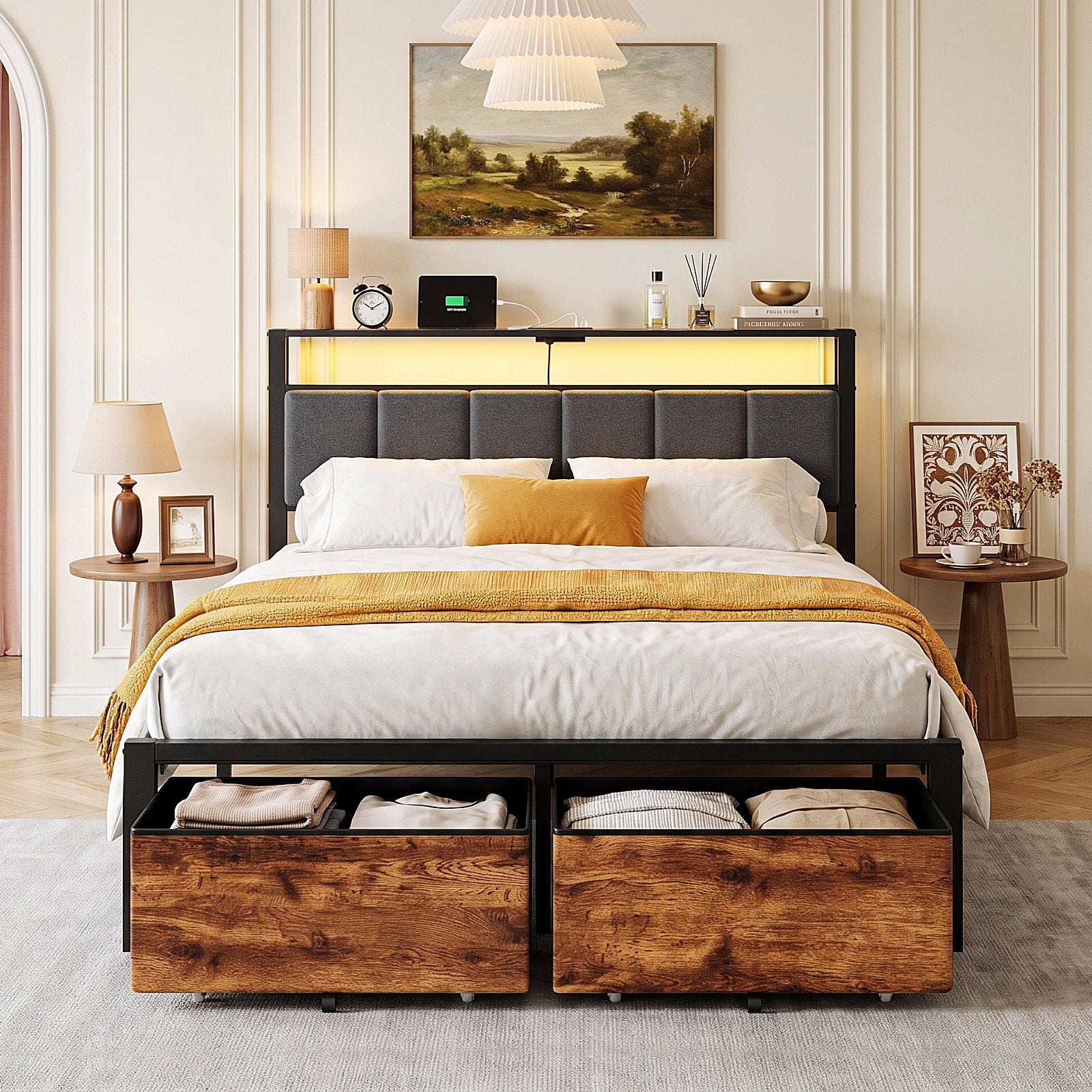 Dayago Full Bed Frame with 2 Storage Drawers, Metal Platform Bed Frame Full Size Upholstered Headboard with Storage, Fast Charging Station and LED Lights, No Box Spring Needed, Easy Assembly, Brown