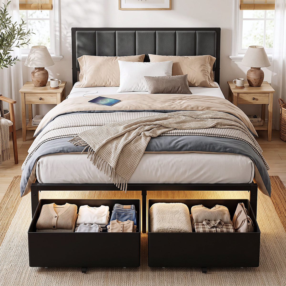 Bexfil Full Bed Frame with 2 Storage Drawers, Grey Upholstered | Headboard with Charging Station and LED Lights, Metal Platform Bed with Storage Shelf, Noise Free, No Box Spring Needed